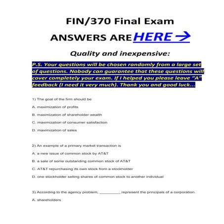 Fin 370 final exam mcq`s correct answers 100%