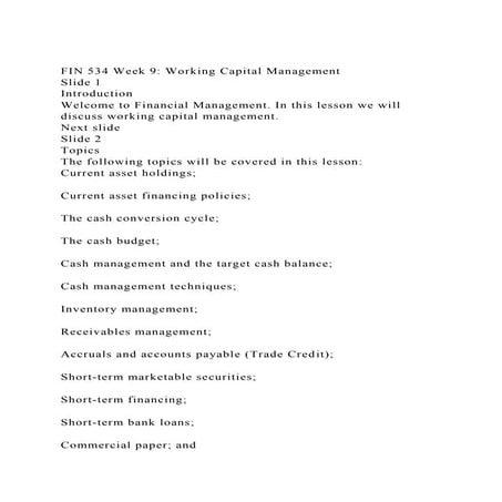 FIN 534 Week 9 Working Capital ManagementSlide 1Introduction.docx