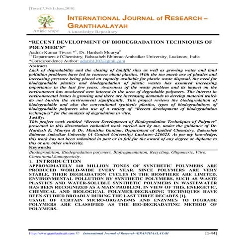 Recent Development Of Biodegradation Techniques Of Polymer Pdf