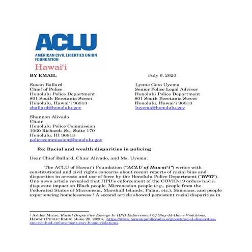 ACLU Letter to HPD regarding racial profiling