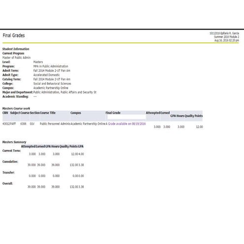 Final Semester Grade and Overall GPA 3.38 (A)