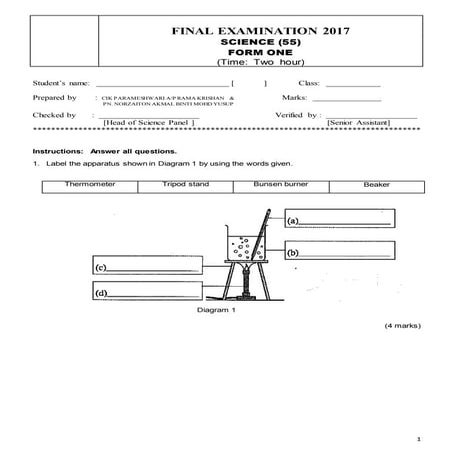 Final Year Examination Form 1 Science Paper 