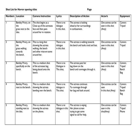 Shotlist template. | DOCX