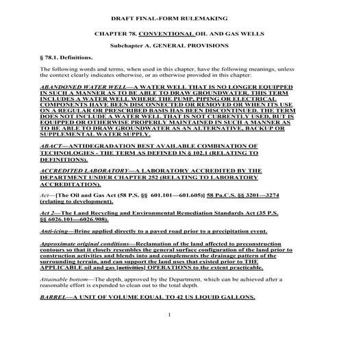 Draft Final Changes to Pennsylvania's Oil & Gas Well Drilling Rules
