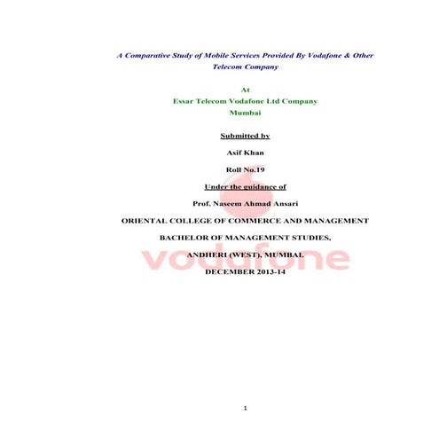 A Comparative Study of Mobile Services Provided By Vodafone & Other Telecom Company