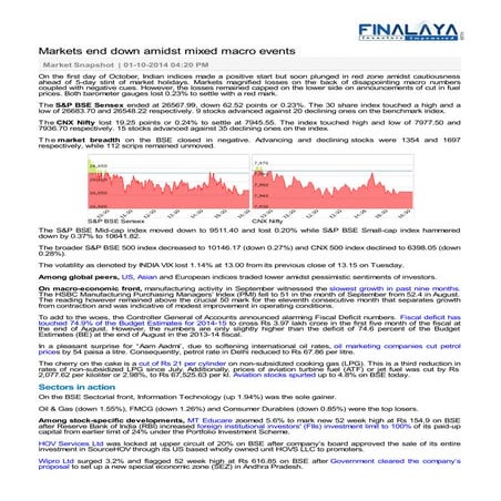 Finalaya Daily Market Wrap 01 October 2014