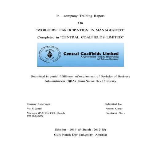 Project Report on Workers' Participation in Management at Central Coalfields ...