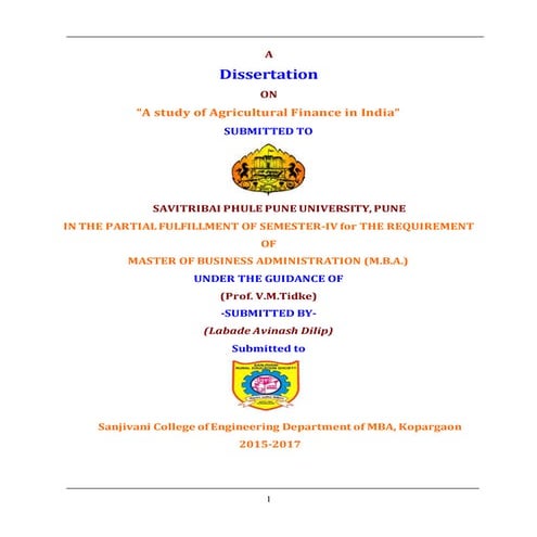 Dissertation Project on A Study of Agriculture Finance In India