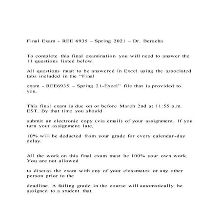 Final Exam - REE 6935 – Spring 2021 – Dr. Beracha To com | DOCX