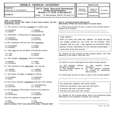 Final exam 2 (grade 7 literature) | DOCX