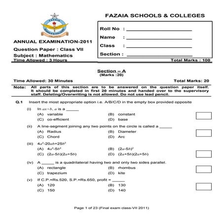 Final examination 2011 class vii