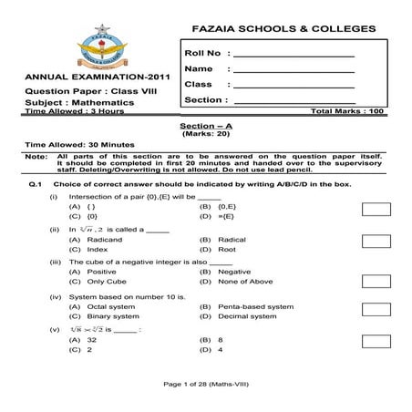 Final examination 2011 class viii