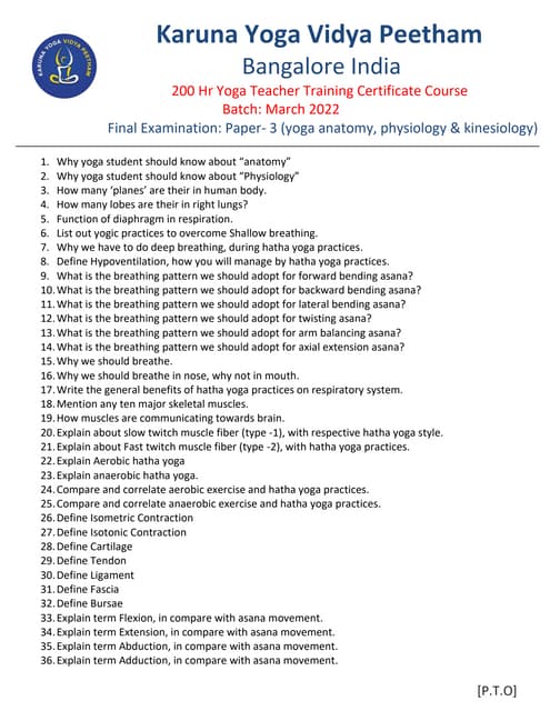 Final Examination Paper- 3 (yoga anatomy, physiology & kinesiology) Karuna Yoga Vidya Peetham Bangalore India.pdf