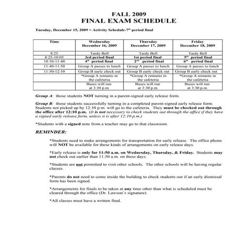 Final Exam Schedule Fall 2009