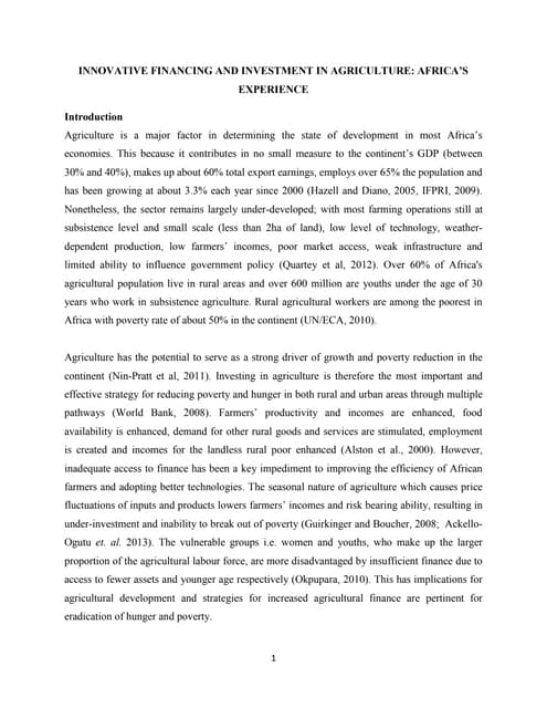 INNOVATIVE FINANCING AND INVESTMENT IN AGRICULTURE: AFRICA’S EXPERIENCE
