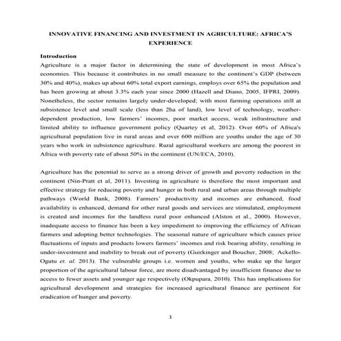 INNOVATIVE FINANCING AND INVESTMENT IN AGRICULTURE: AFRICA’S EXPERIENCE