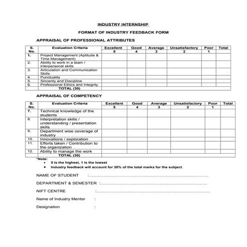 Final industry internship feedback form