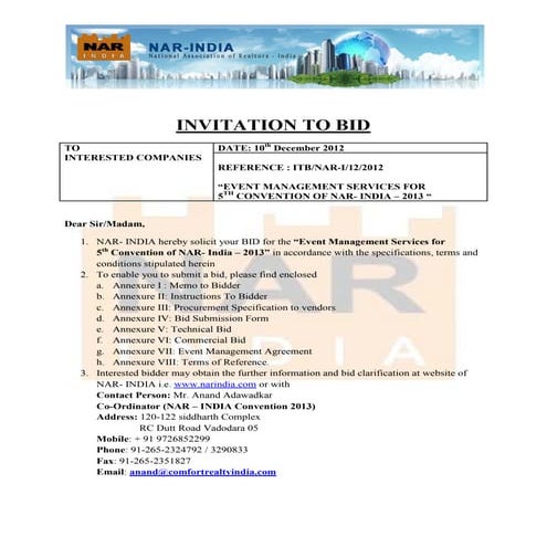 Invitation to Bid for Fifth Convention of NAR - INDIA | PDF