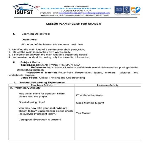 Comprehensive Grade 8 English Lesson Plan on Identifying the Main Idea ...