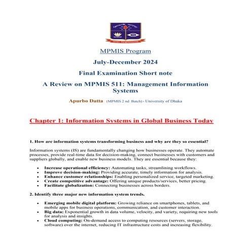 A Review on MPMIS 511: Management Information Systems