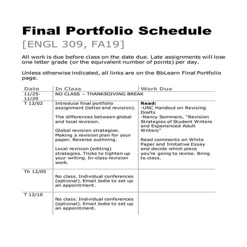 ENGL 309 Final Portfolio Schedule, FA 19