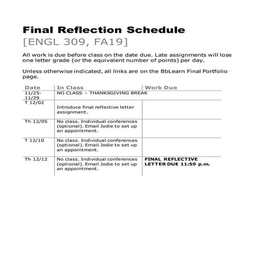 ENGL 309 FA19 F2F Final Reflection Schedule