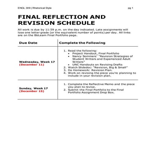 ENGL 309 FA19 Online Final Reflection and Revision Schedule