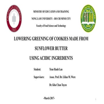 Lowering greening of cookies made from sunflower butter using acidic ingredients