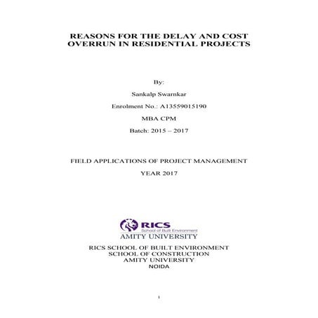 Reasons for the Delay and Cost Overrun in Residential Projects - 2017