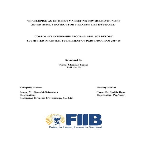 BIRLA SUNLIFE INSURANCE BSLI. SUMMER INTERNSHIP PROJECT 