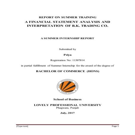  REPORT ON SUMMER TRAINING  A FINANCIAL STATEMENT ANALYSIS AND INTERPRETATION...
