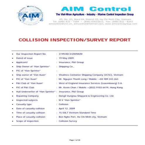 Final report sample of collision survey