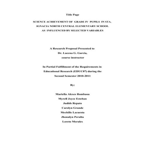 SCIENCE ACHIEVEMENT OF  GRADE IV  PUPILS  IN STA.  IGNACIA NORTH CENTRAL ELEM...