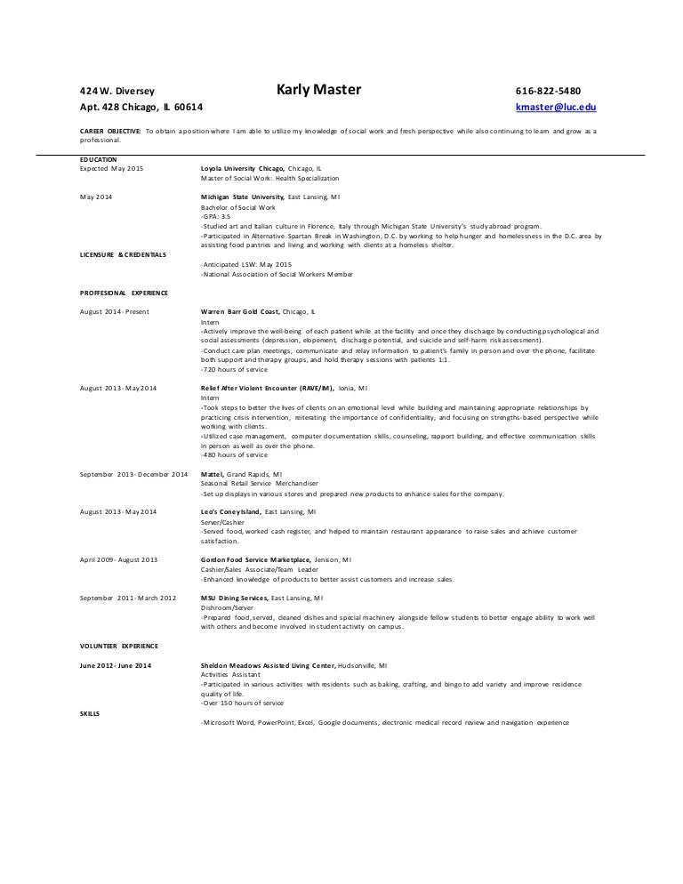 masters of social work resume social work career objective