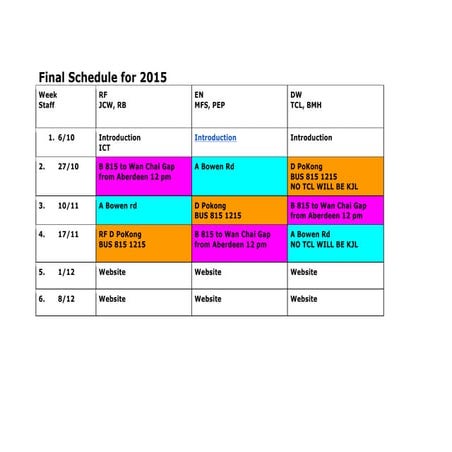 Final schedule for 2015