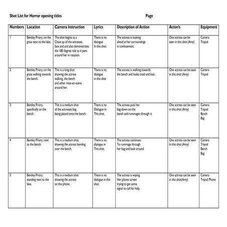 Shotlist template. | DOCX