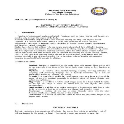 FACTORS THAT AFFECT READING:  PHYSICAL AND PHYSIOLOGICAL FACTORS