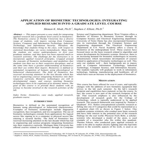 (2009) APPLICATION OF BIOMETRIC TECHNOLOGIES: INTEGRATING APPLIED RESEARCH IN...