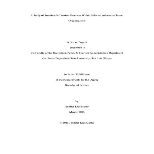 A Study of Sustainable Tourism Practices Within Selected Adventure Travel Org...