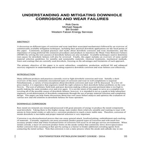 UNDERSTANDING AND MITIGATING DOWNHOLE CORROSION AND WEAR FAILURES 