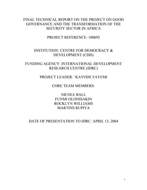 Final technical report on the project on good governance and the transformation of the security sector in africa