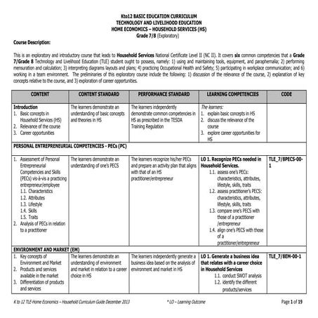 TLE/HE  Household Services Curriculum Guide  
