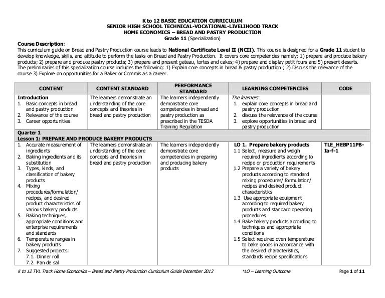 bread and pastry curriculum guide senior high school