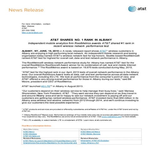 Final webner albany rootmetrics shared first   news relase final - 2 for 6-15-15