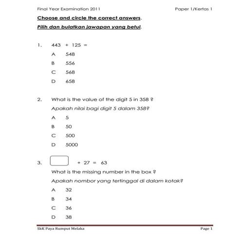 Peperiksaan Akhir Tahun - Mathematics Year 2 Paper 1