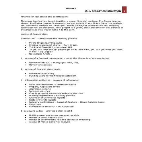 Finance class outline-2012 | PDF