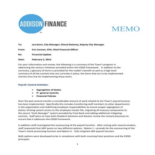 Finance Department COSO Implementation Memo