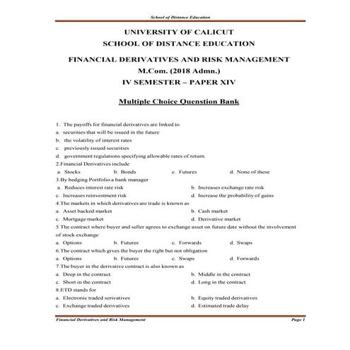Financial derivatives and risk management