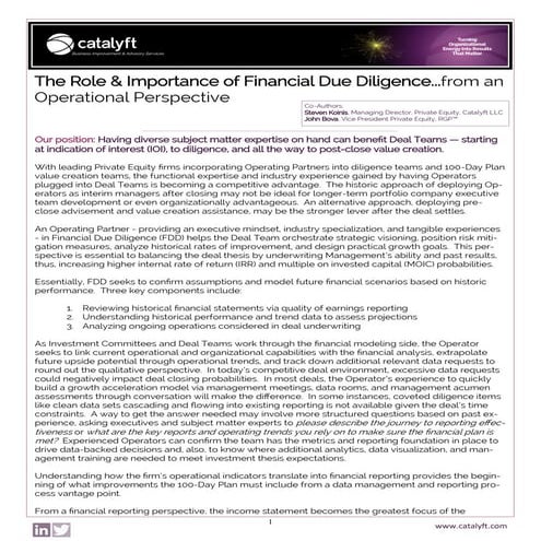 Financial Due Diligence via Operational Perspective | Co-Authors Steve Koinis...