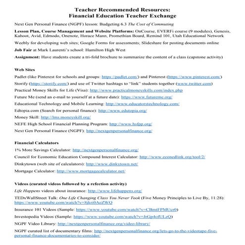 Financial Education Teacher Exchange: Recommended Resources-05-16